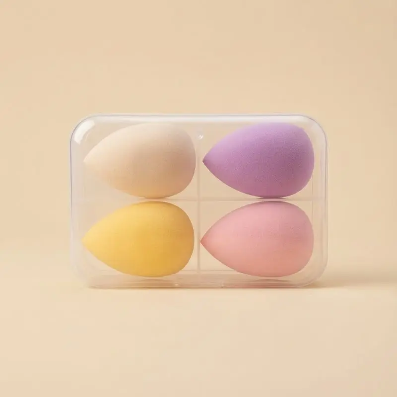 4-piece classic multi-color makeup sponge set in clear PP storage case