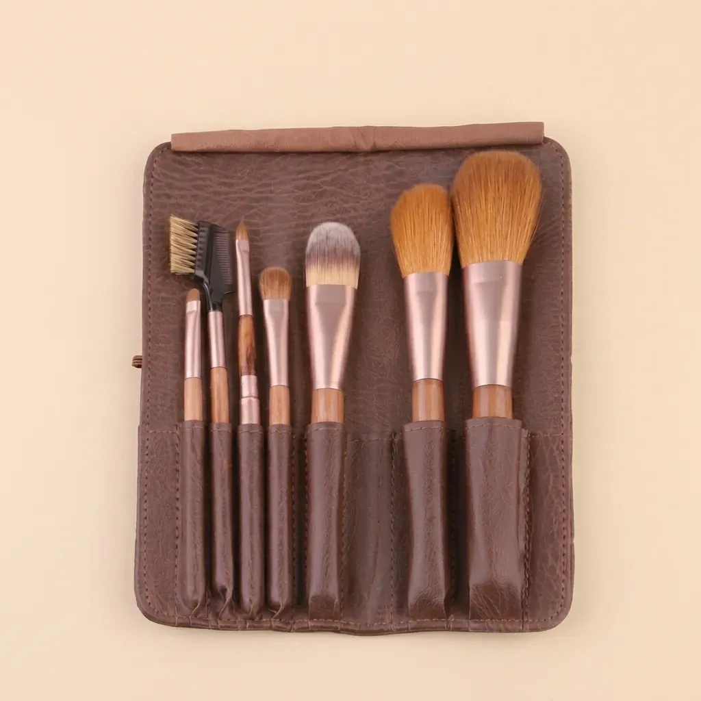 7-Piece Luxury Natural Hair Makeup Brush Set with Suede Clutch
