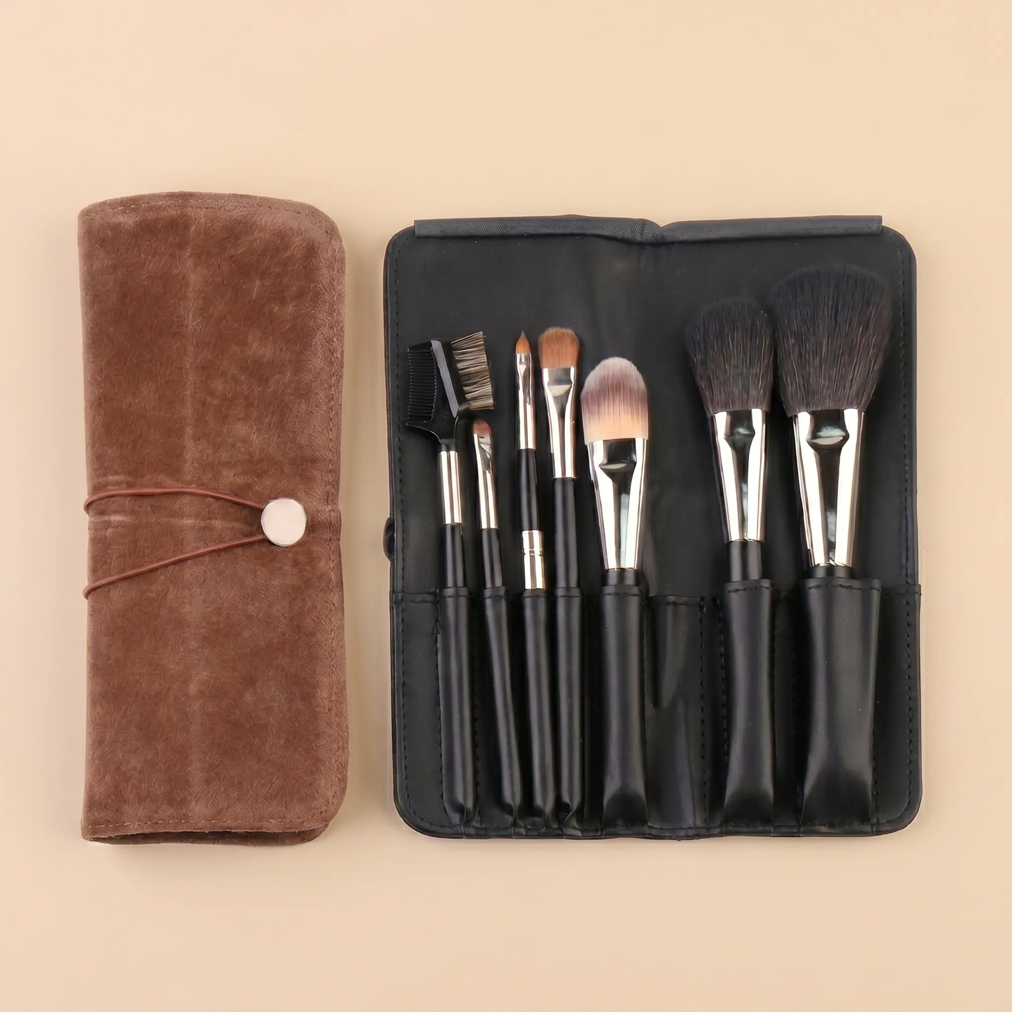 7-Piece Professional Goat Hair Makeup Brush Set with Leather Pouch