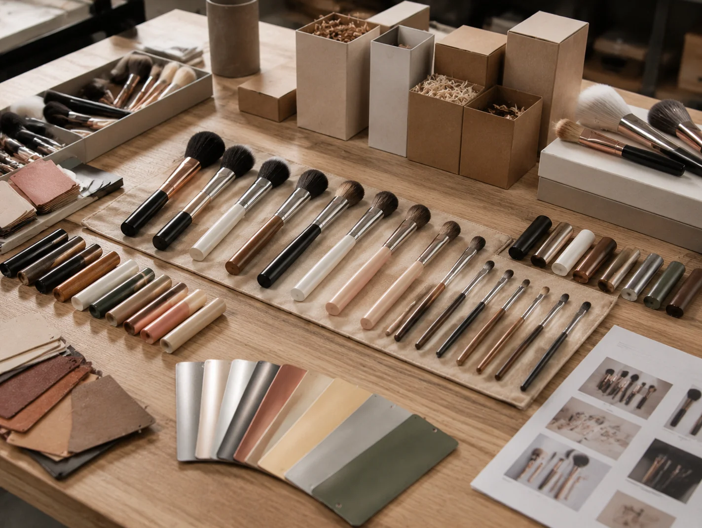 Custom cosmetic brush set with handle finishes and packaging development samples