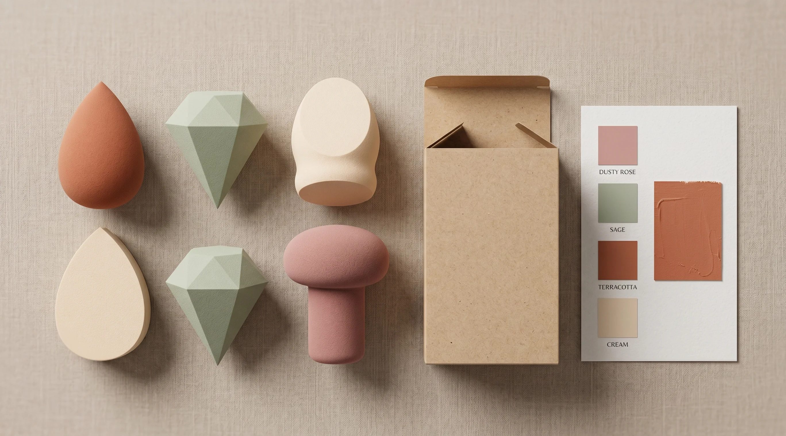 Custom and private label makeup sponge shapes with color swatches and unbranded retail packaging