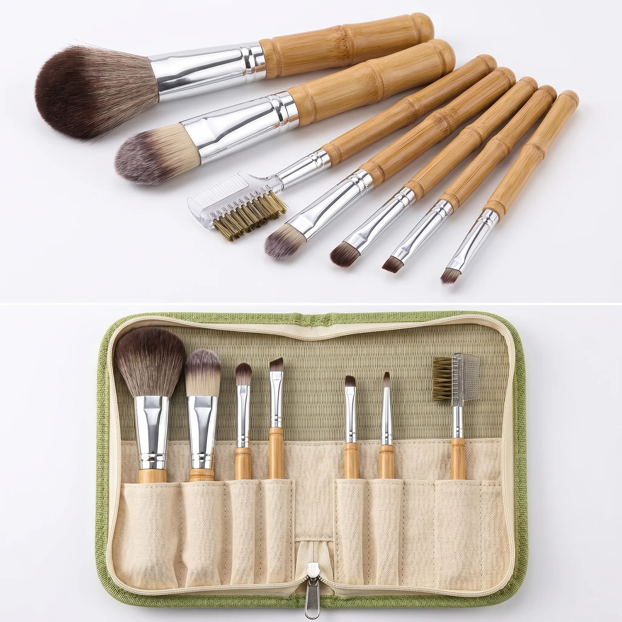 Eco-Friendly 7pcs Bamboo Makeup Brush Set with Straw Weave Case