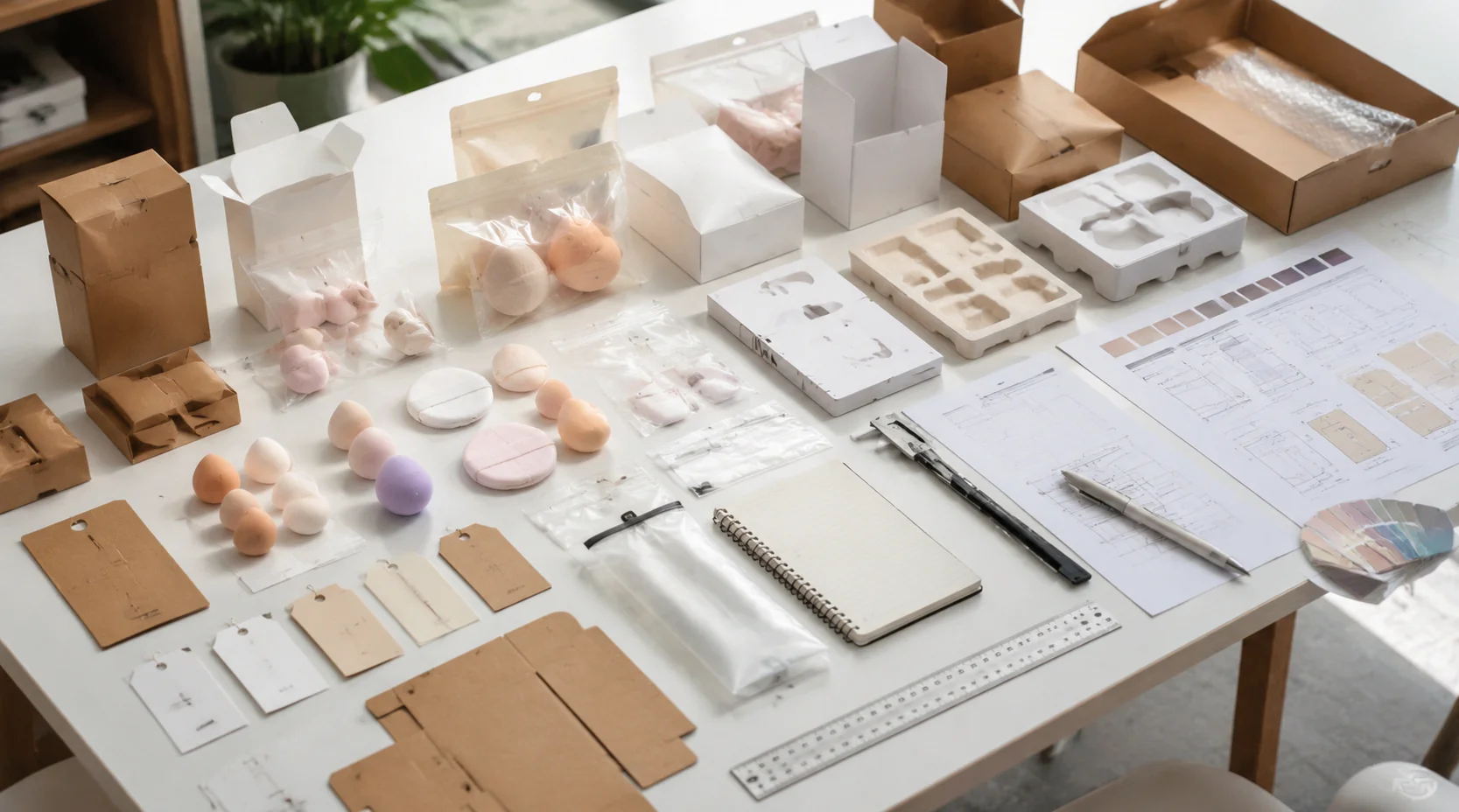 Unbranded private-label beauty tools with cartons, pouches and packaging specification sheets for EU planning