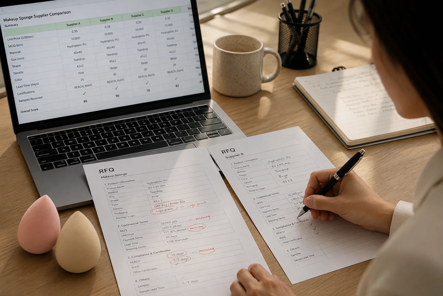 B2B RFQ supplier brief for makeup tool sourcing — procurement desk with quotes and samples