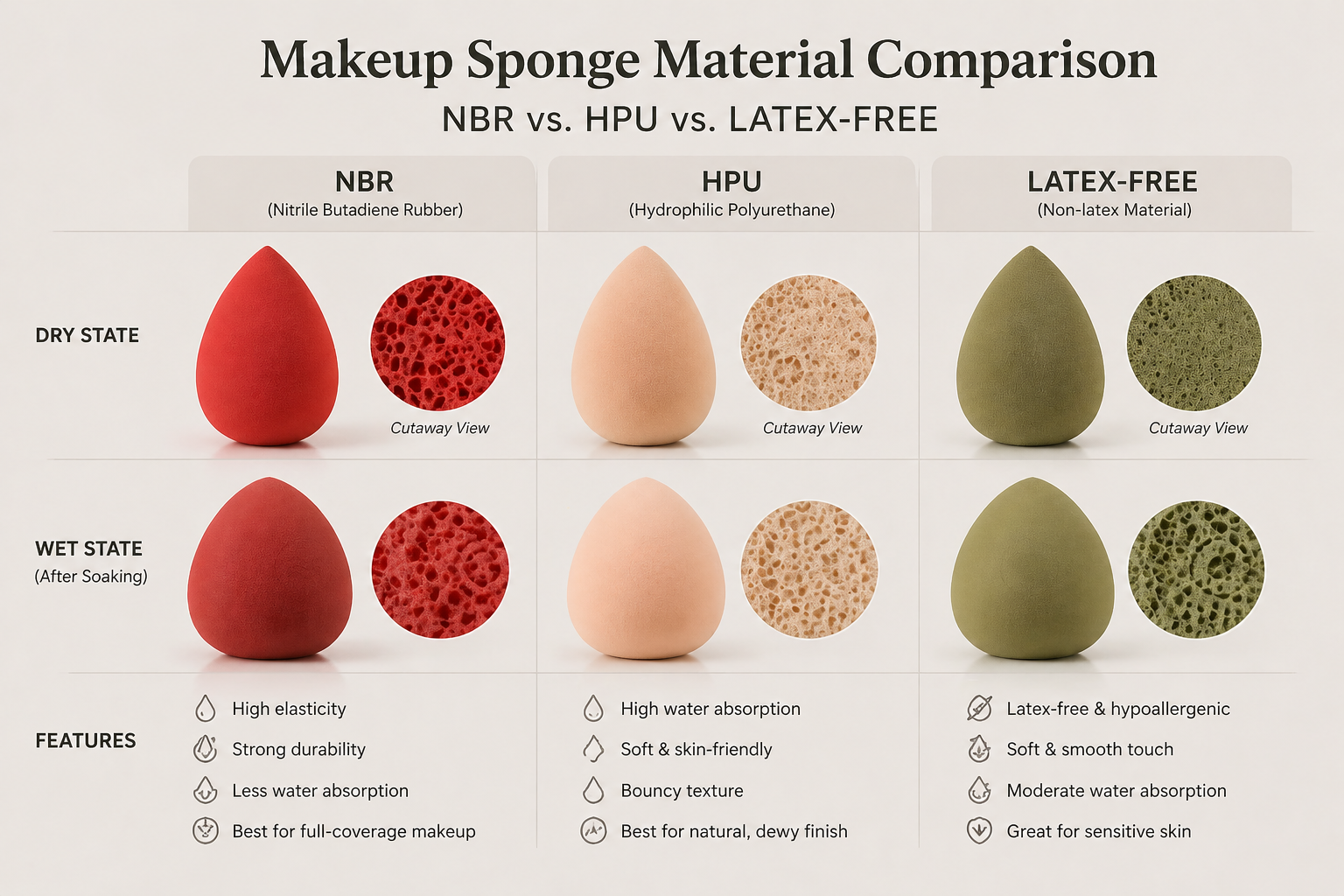 NBR vs HPU makeup sponge cross-section comparison from Joyning Beauty Jiangmen factory