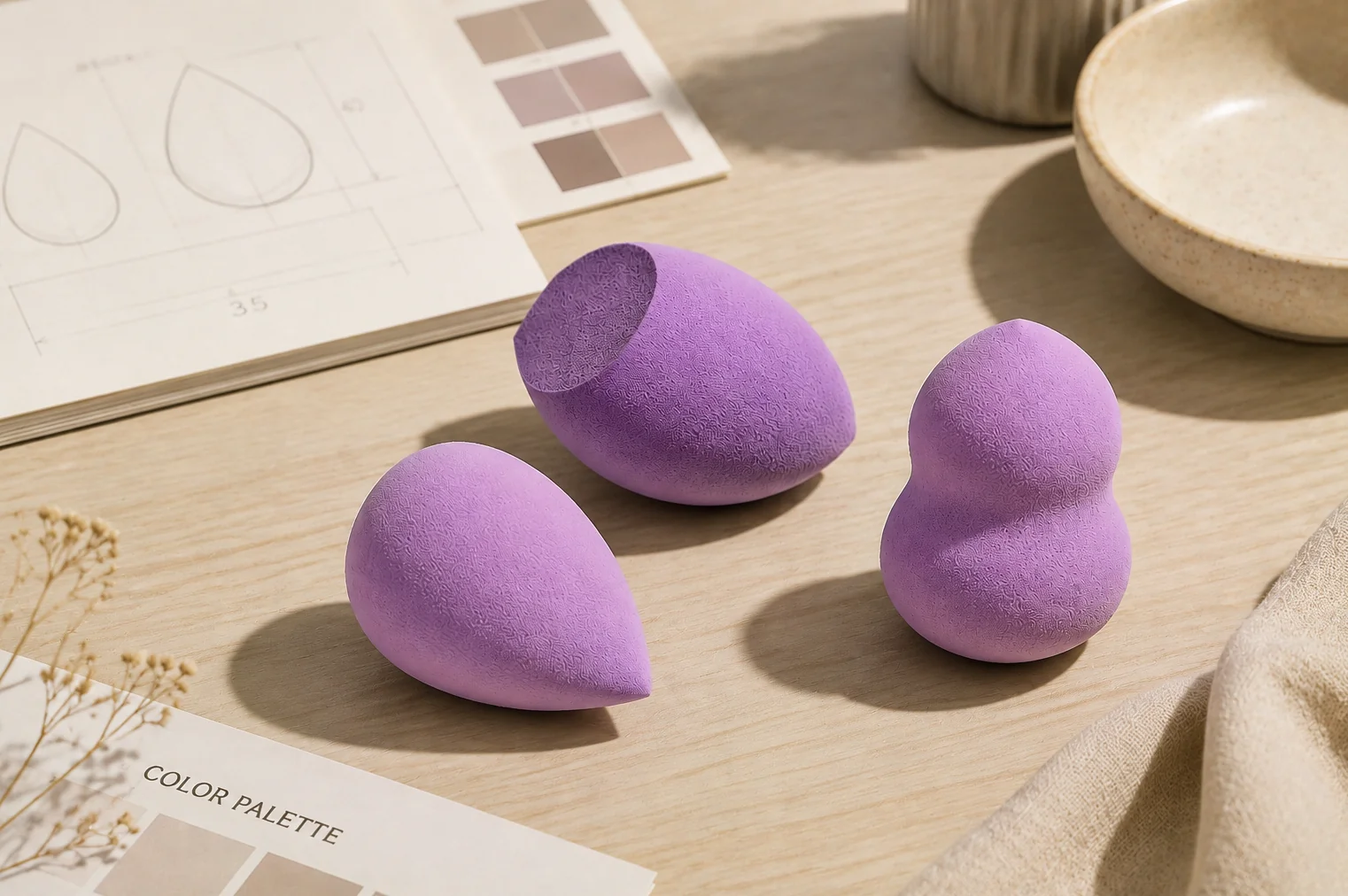 Different makeup sponge shapes for beauty product development and selection