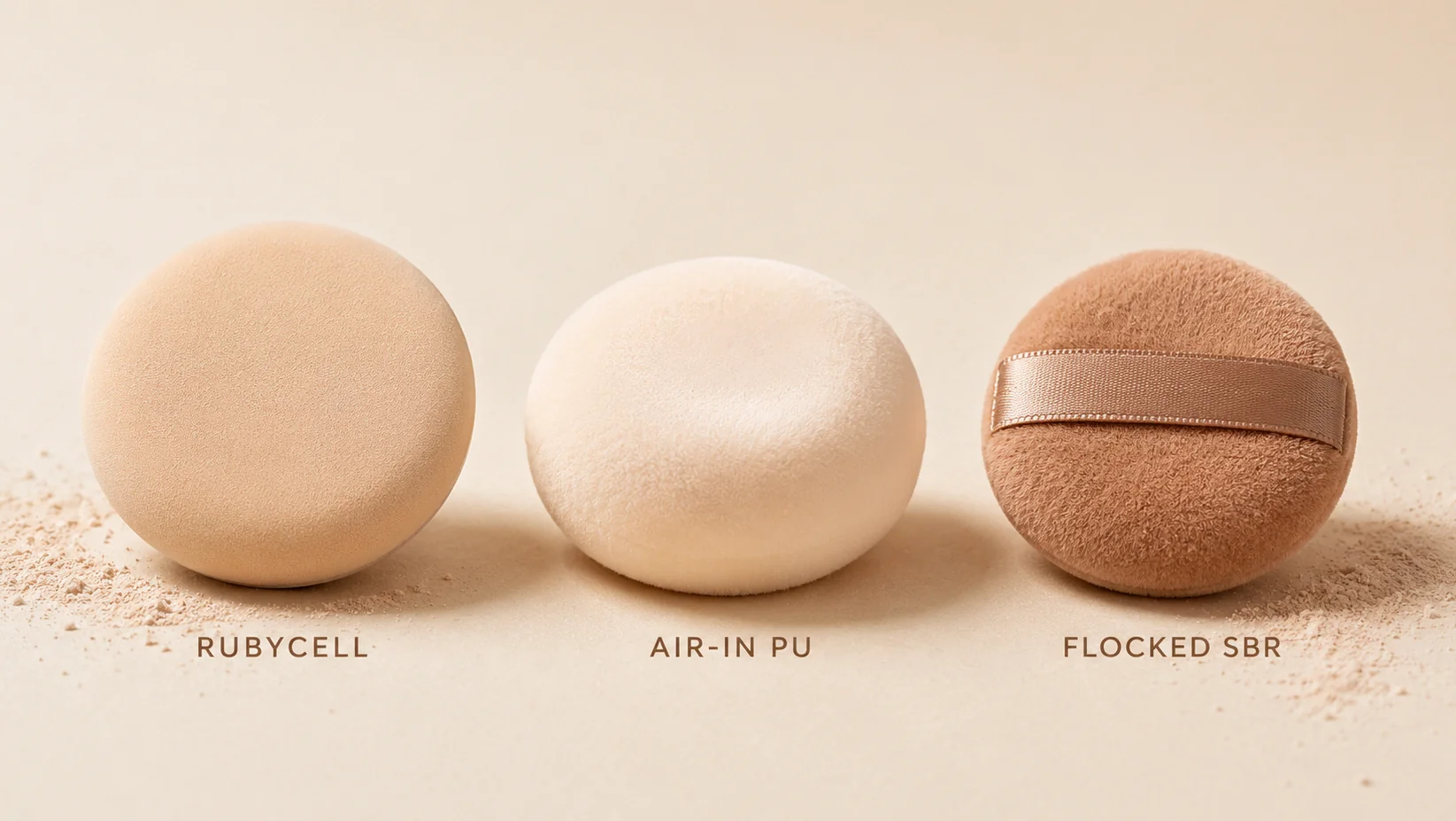 Rubycell vs air-in PU vs flocked SBR powder puff material comparison for B2B buyers