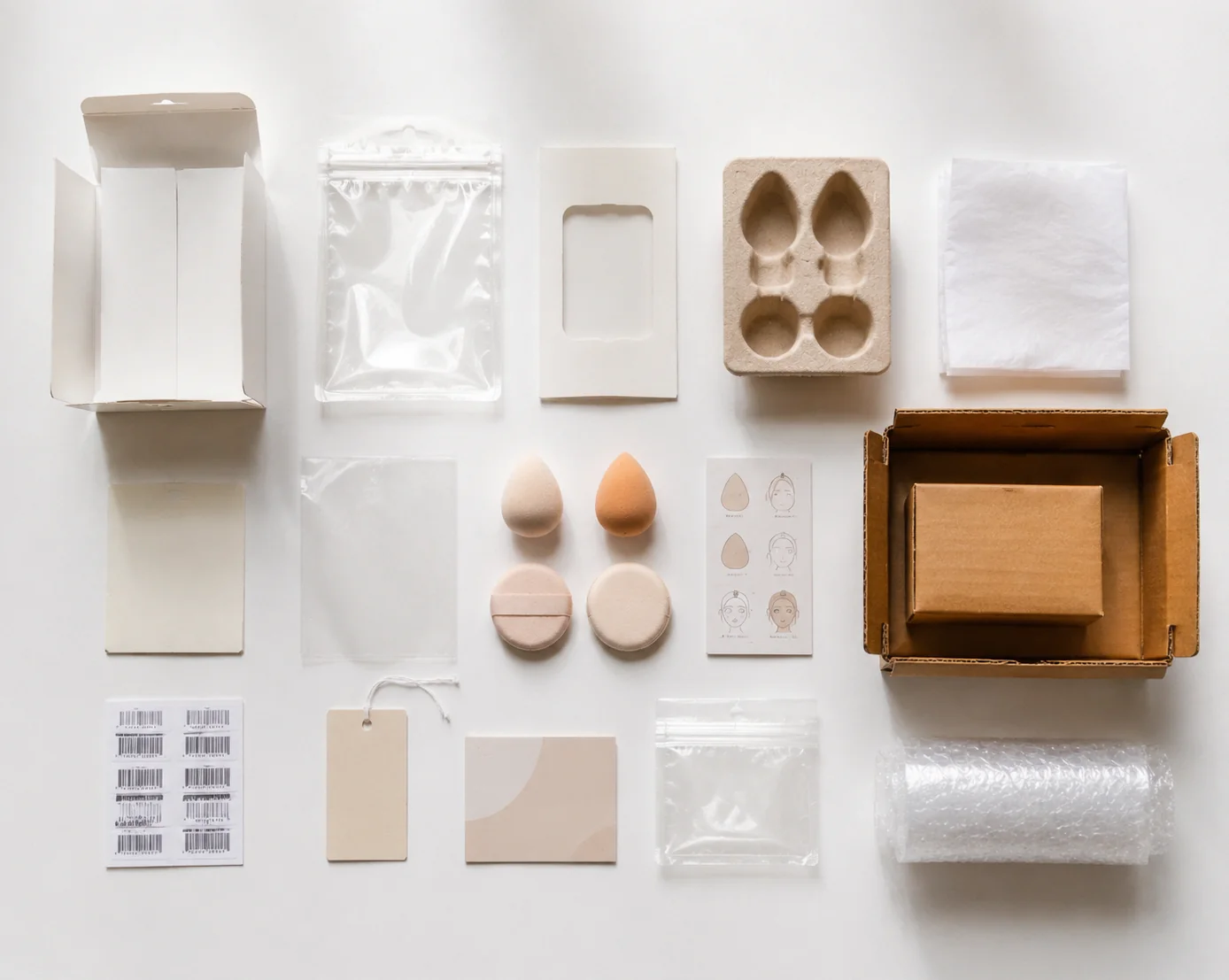 Beauty tool packaging component map showing pouches, inserts, cartons, labels and transport packaging
