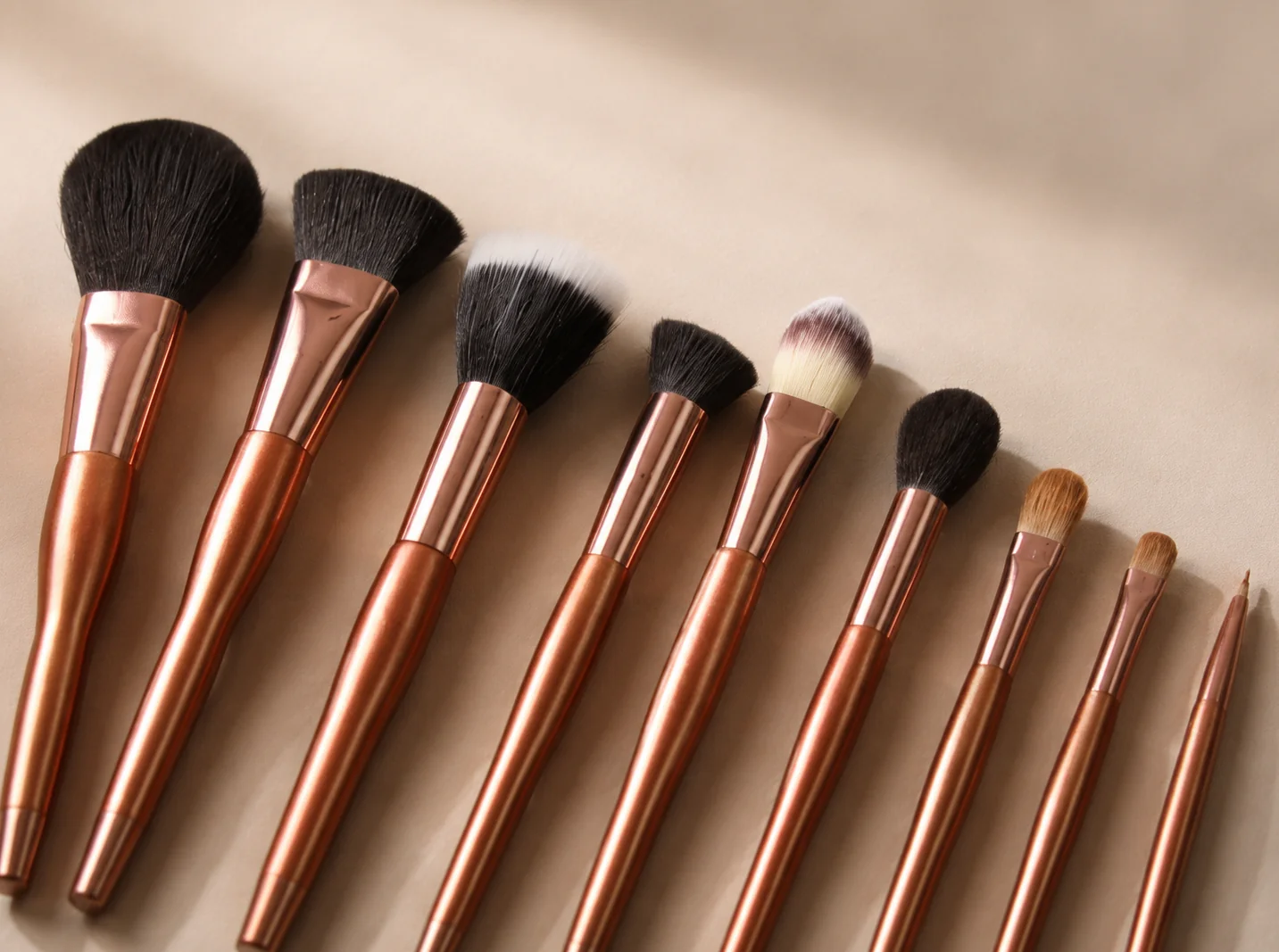 Close-up of custom makeup brush heads with varied fibre finishes